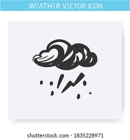 Thunderstorm icon. Hand drawn sketch. Thundercloud with lightning. Rainy weather. Rainfall. Blizzard. Weather forecast concept. Meteorology sign. Isolated vector illustration
