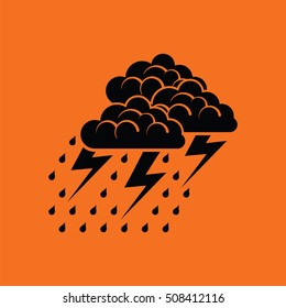 Thunderstorm icon. Orange background with black. Vector illustration.