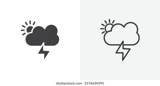 Thunderstorm icon set in black flat solid and outlined style.