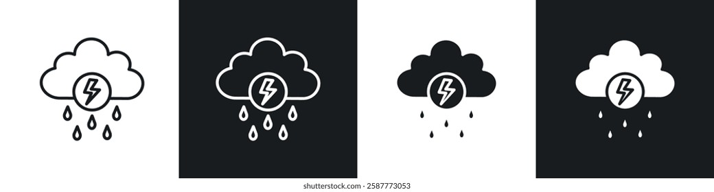 Thunderstorm icon set black and white colors. Graphic Vector icons pack