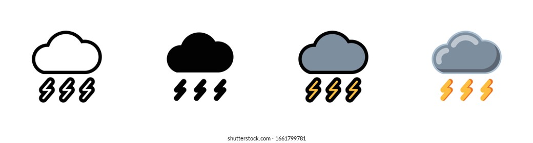 Thunderstorm icon set. Forecast or weather prediction.  Line icon, logo, or symbol, silhouette, and flat design collection isolated on white background.