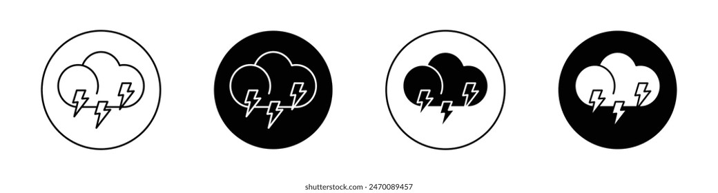 Thunderstorm icon set. lightning thunder vector symbol. cloud with thunderbolt sign in black filled and outlined style.