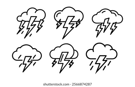 Thunderstorm Icon Set in Minimal Style, Collection of thunderstorm icons featuring clouds, lightning bolts, and rain, ideal for weather forecasts and design elements. 