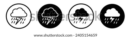 Thunderstorm icon set. Storm weather cloud lightning vector symbol. rain thunder sign in filled and outlined style.