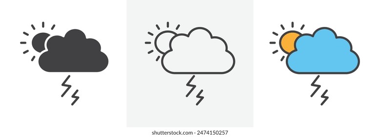 Thunderstorm icon set. Vector symbol for lightning. Rain and thunderbolt weather sign.