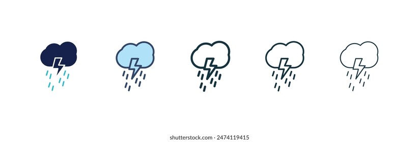 Thunderstorm icon set.thunder lightning vector symbol. rain thunderbolt weather sign in black filled and outlined style.