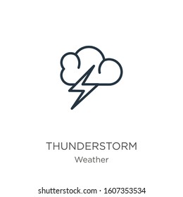 Thunderstorm icon. Thin linear thunderstorm outline icon isolated on white background from weather collection. Line vector sign, symbol for web and mobile
