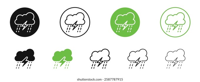 Thunderstorm icons in black and green colors collection