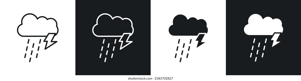 Thunderstorm icons collection in black and white filled and line versions