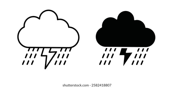 Thunderstorm icons pack vectors in black flat and strokes