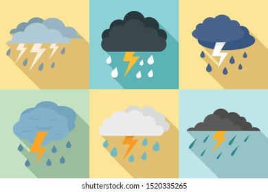 Thunderstorm icons set. Flat set of thunderstorm vector icons for web design