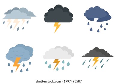 Thunderstorm icons set. Flat set of thunderstorm vector icons isolated on white background