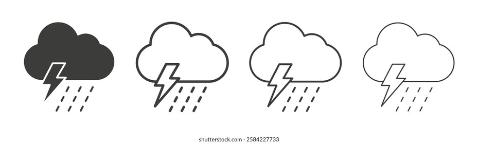 Thunderstorm icons set. Liner outlined and flat black color