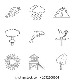 Thunderstorm icons set. Outline set of 9 thunderstorm vector icons for web isolated on white background