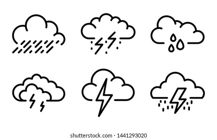 Thunderstorm icons set. Outline set of thunderstorm vector icons for web design isolated on white background