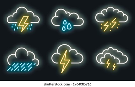 Thunderstorm icons set. Outline set of thunderstorm vector icons neon color on black