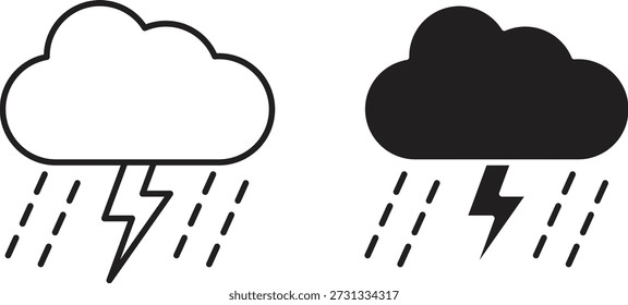 Ícones da tempestade de trovoadas definidos. Ilustração de vetor de linha simples