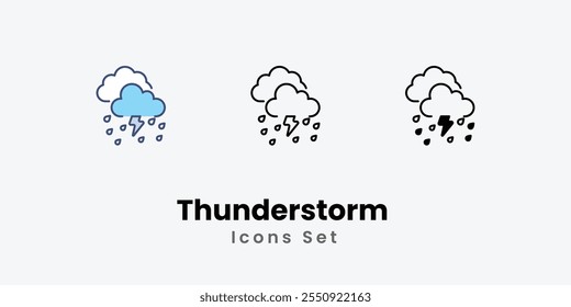 Ícones do Thunderstorm definem a linha fina e a ilustração do ícone de vetor de glifo