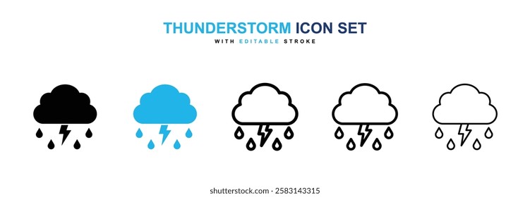 Thunderstorm icons vector collection in black and blue colors on white background