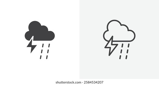 Thunderstorm icons vectors illustrations in black fill and liner versions