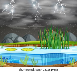 A thunderstorm lake scene illustration