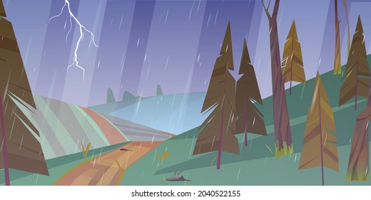 Thunderstorm landscape with rain and lightning.Vector cartoon illustration of storm weather in countryside with green fields, hills, road and coniferous forest