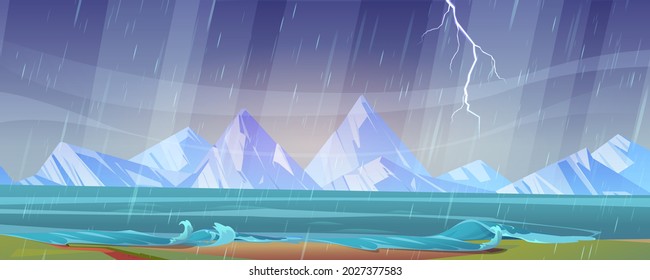 Thunderstorm landscape with river shore and rocks
