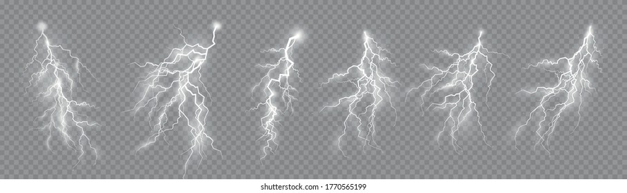 Thunderstorm and lightning, the effect of lightning and lighting, light and shine, set of zippers, symbol of natural strength or magic, abstract, electricity and explosion, vector illustration, eps 10