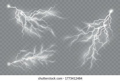 Thunderstorm and lightning, the effect of lightning and lighting, light and shine, set of zippers, symbol of natural strength or magic, abstract, electricity and explosion, vector illustration, eps 10