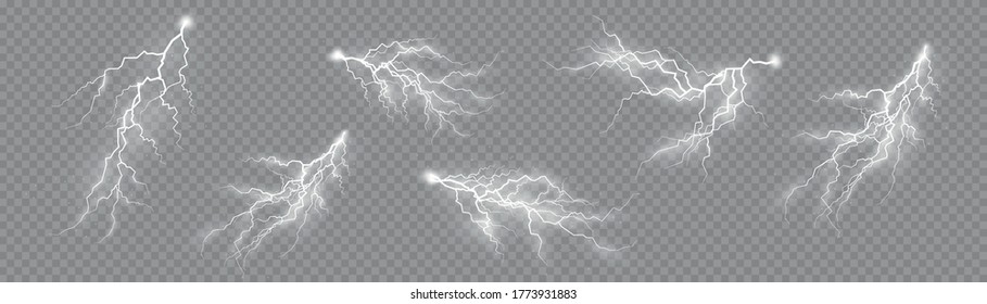 Thunderstorm and lightning, the effect of lightning and lighting, light and shine, set of zippers, symbol of natural strength or magic, abstract, electricity and explosion, vector illustration, eps 10