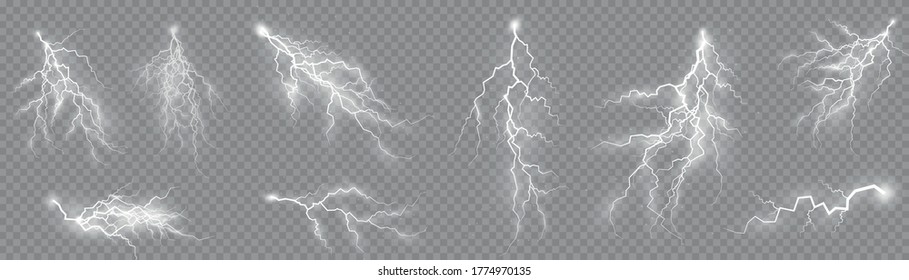 Thunderstorm and lightning, the effect of lightning and lighting, light and shine, set of zippers, symbol of natural strength or magic, abstract, electricity and explosion, vector illustration, eps 10