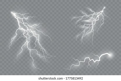 Thunderstorm and lightning, the effect of lightning and lighting, light and shine, set of zippers, symbol of natural strength or magic, abstract, electricity and explosion, vector illustration, eps 10