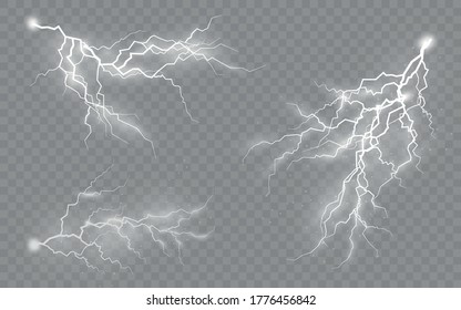 Thunderstorm and lightning, the effect of lightning and lighting, light and shine, set of zippers, symbol of natural strength or magic, abstract, electricity and explosion, vector illustration, eps 10