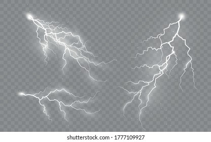 Thunderstorm and lightning, the effect of lightning and lighting, light and shine, set of zippers, symbol of natural strength or magic, abstract, electricity and explosion, vector illustration, eps 10