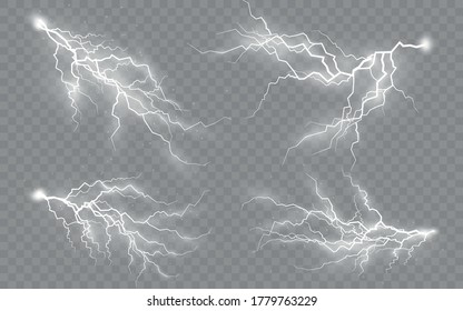 Tormenta eléctrica y relámpago, efecto de alumbrado e iluminación, luz y brillo, conjunto de cremalleras, símbolo de fuerza natural o magia, abstracto, electricidad y explosión, ilustración vectorial, eps 10