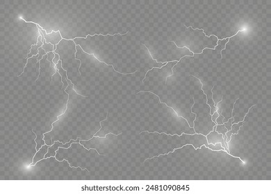 Thunderstorm and lightning, the effect of lightning and lighting, light and shine, set of zippers, symbol of natural strength or magic, abstract, electricity and explosion, vector illustration, eps 10