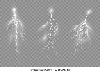 Thunderstorm and lightning, the effect of lightning and lighting, set of zippers, symbol of natural strength or magic, light and shine, abstract, electricity and explosion, vector illustration, eps 10