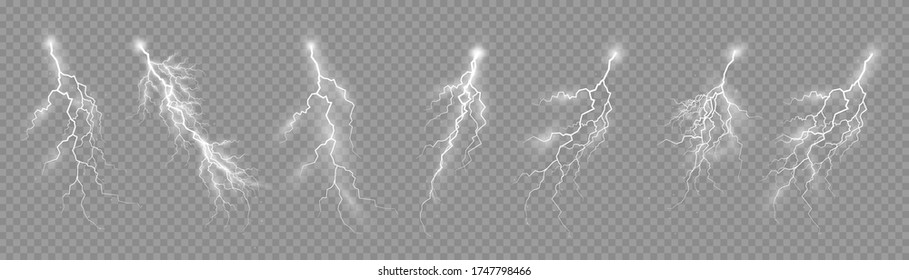 Thunderstorm and lightning, the effect of lightning and lighting, set of zippers, symbol of natural strength or magic, light and shine, abstract, electricity and explosion, vector illustration, eps 10