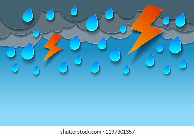 Thunderstorm with lightning and falling water drops vector modern style paper cut cartoon illustration.