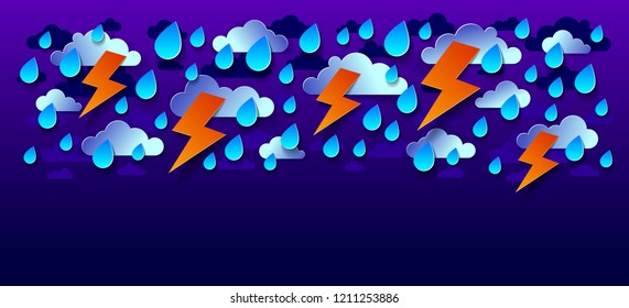 Thunderstorm with lightning and falling water drops vector modern style paper cut cartoon illustration.