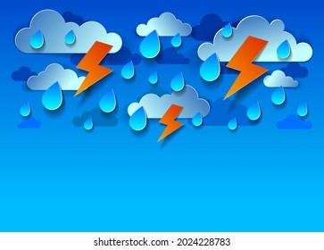 Thunderstorm with lightning and falling water drops vector modern style paper cut cartoon illustration.