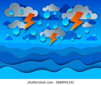 Thunderstorm with lightning over the sea with curvy waves rainy weather, perfect modern vector illustration in paper cut 3d style.