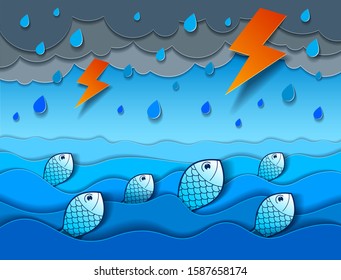Thunderstorm with lightning over the sea and funny cartoon fishes looking up with curvy waves rainy weather, perfect modern vector illustration in paper cut 3d style.