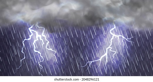 Thunderstorm, lightning, raindrops isolated on transparent background. Realistic electric lightning glow. Natural phenomena. Vector.