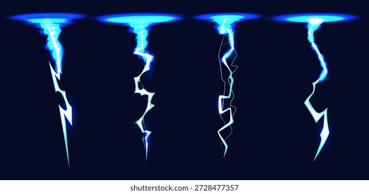 Gewitterblitze. Donnerschlag leuchtet. Stromschlag von oben. Elektrische Energie. Magischer Angriff des Spiels. Donner-Blitzimpuls. Vektorgrafik energetischer Naturphänomene auf dunklem Hintergrund