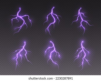 Éclair d'orage, coup de tonnerre, fermeture-éclair électrique réaliste, effet de flash d'énergie, éclair violet isolé sur fond noir. Illustration vectorielle.