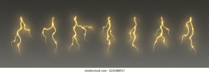 Luces de tormenta, paro de rayo, cremallera eléctrica realista, efecto de luz de flash de energía, relámpago amarillo aislado en el fondo oscuro. Ilustración vectorial.