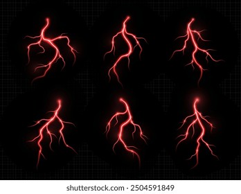 Thunderstorm lightning, thunderbolt strike, realistic electric zipper, energy flash light effect, red lightning bolt isolated on dark background. Vector illustration.