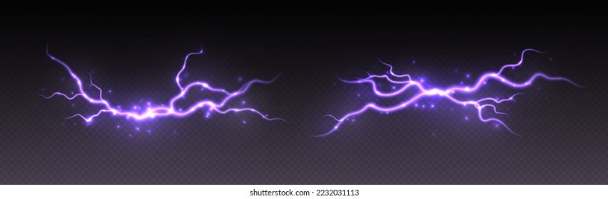 Thunderstorm lightning, thunderbolt strike with sparkles, realistic electric zipper, energy flash light effect, purple lightning bolt isolated on dark background. Vector illustration.