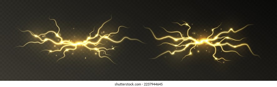 Luces de tormenta, paro de rayo con chispas, cremallera eléctrica realista, efecto de luz de flash de energía, rayo amarillo aislado en el fondo oscuro. Ilustración vectorial.